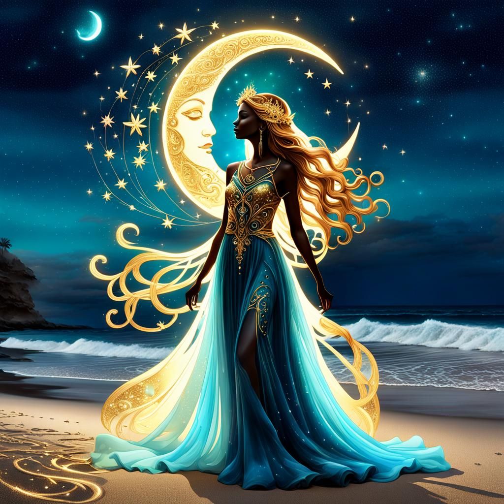 Beach Scene: Sun and Moon Goddess in Vaporwave Style