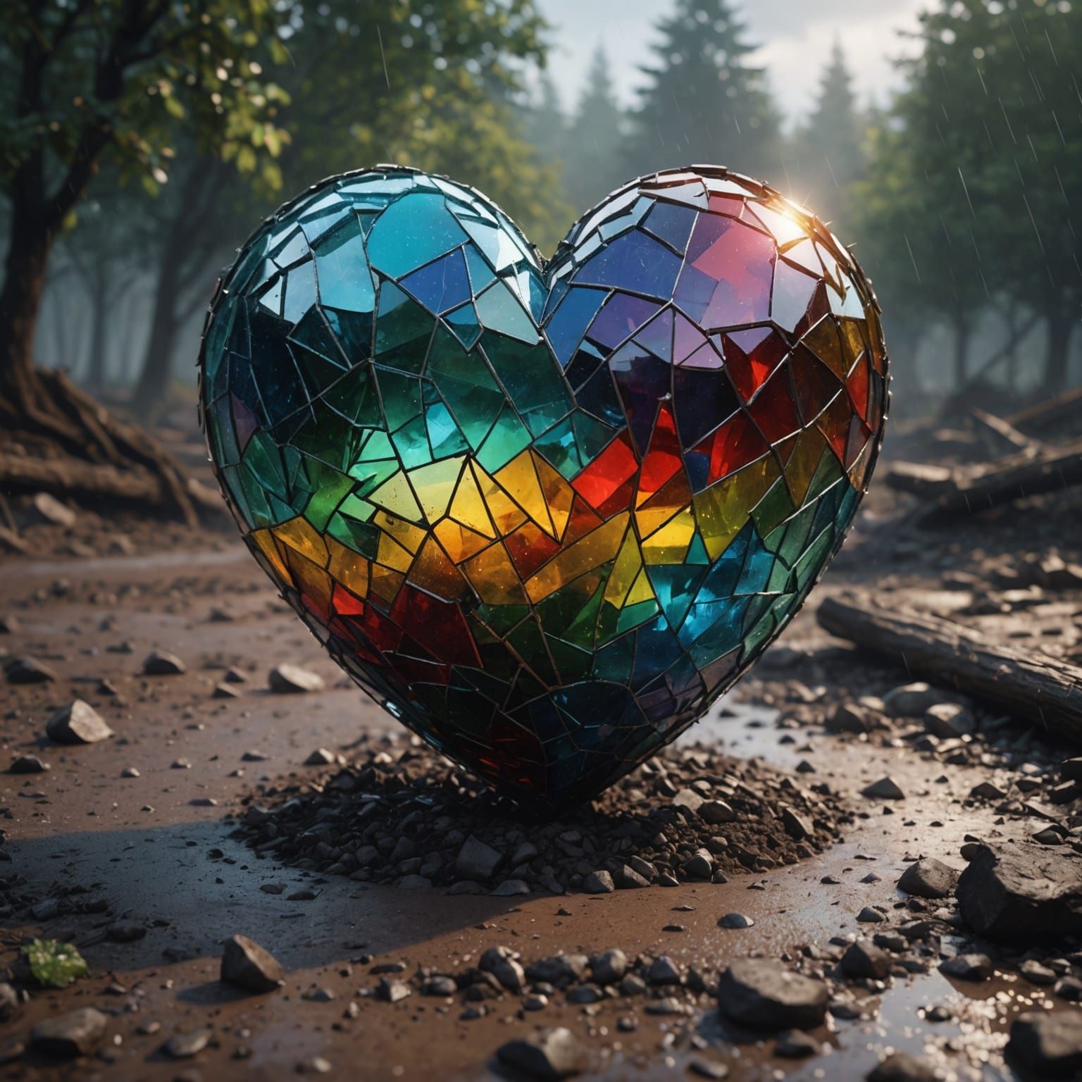 Shattered Multicolored Glass Heart in Rain