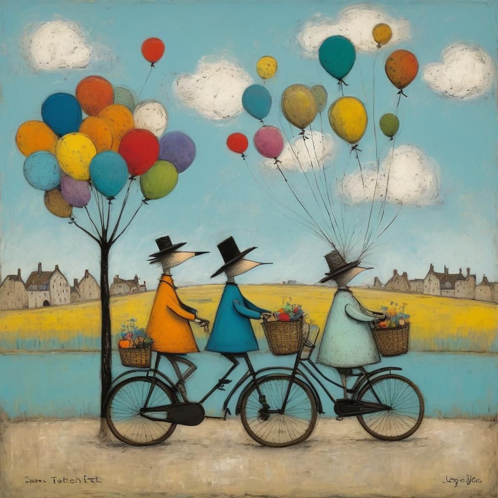 Playful Naive Art Image of Balloons, Bike, Rainbow