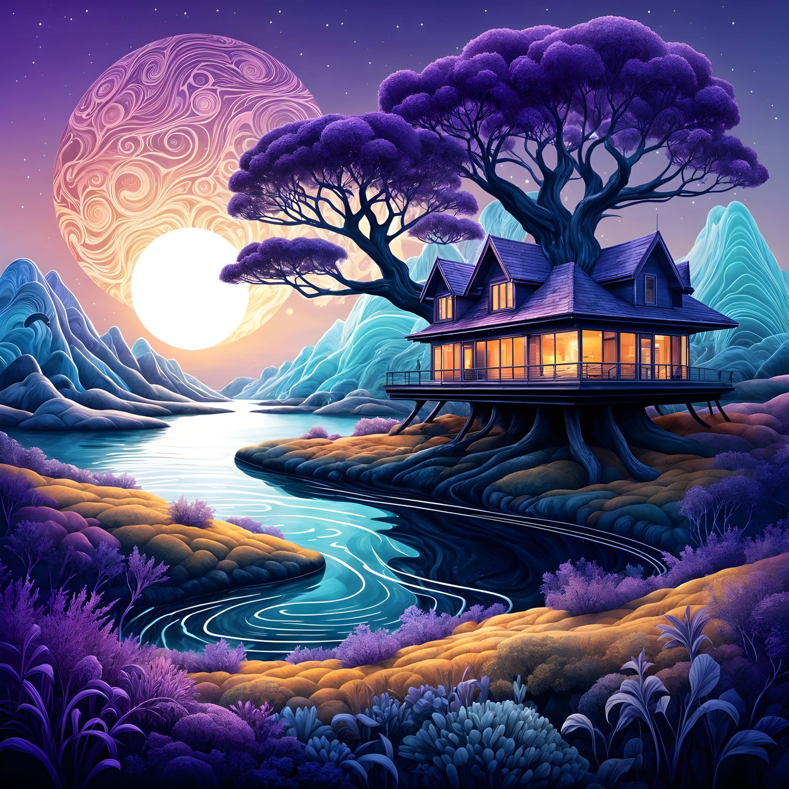 Serene Lunar Quarter with Radiant Paths, Tree-Lined Homes, a...