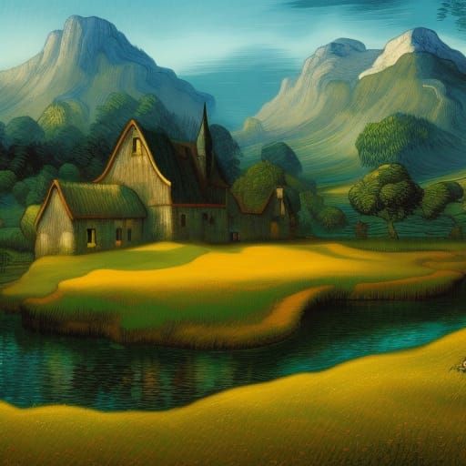 Cheese Chateau with Wine Stream, Van Gogh Style