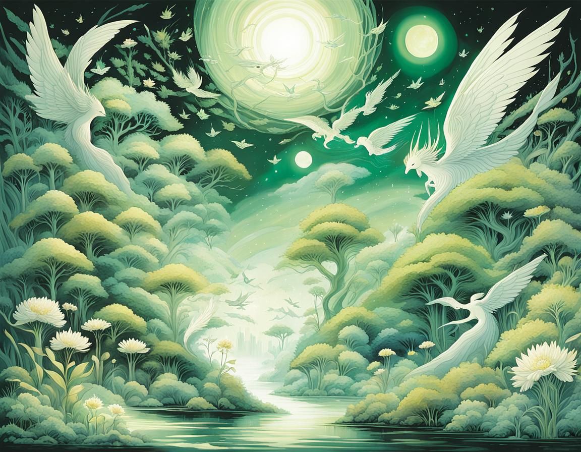 Celestial Beings in Dreamscape, Delicate Line Work