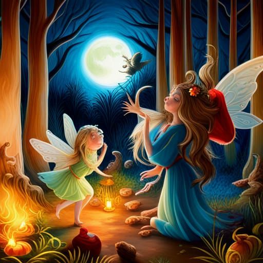 Fairies and Gnomes Dancing in Autumn Fairy Tale Forest