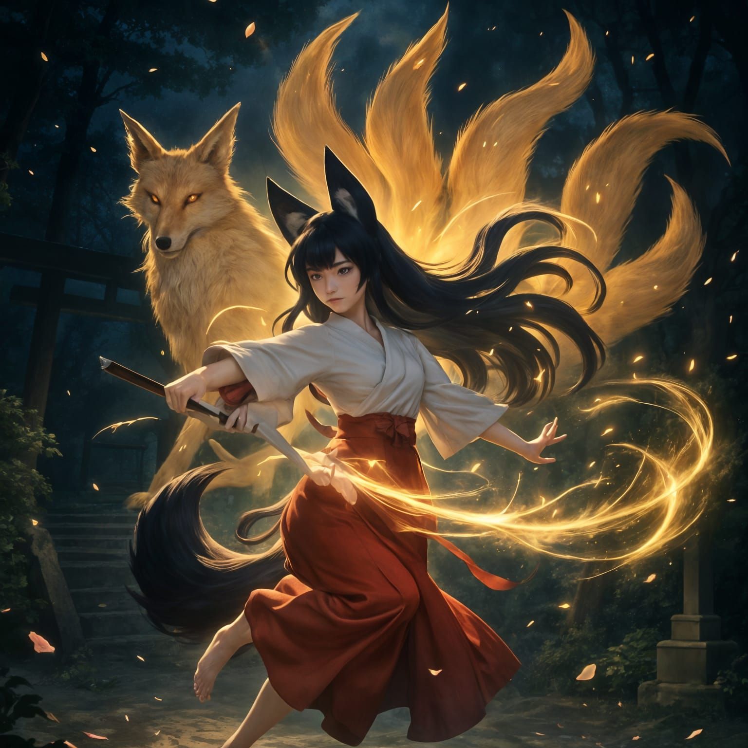 Anime Shrine Maiden with Fox Features in Forest