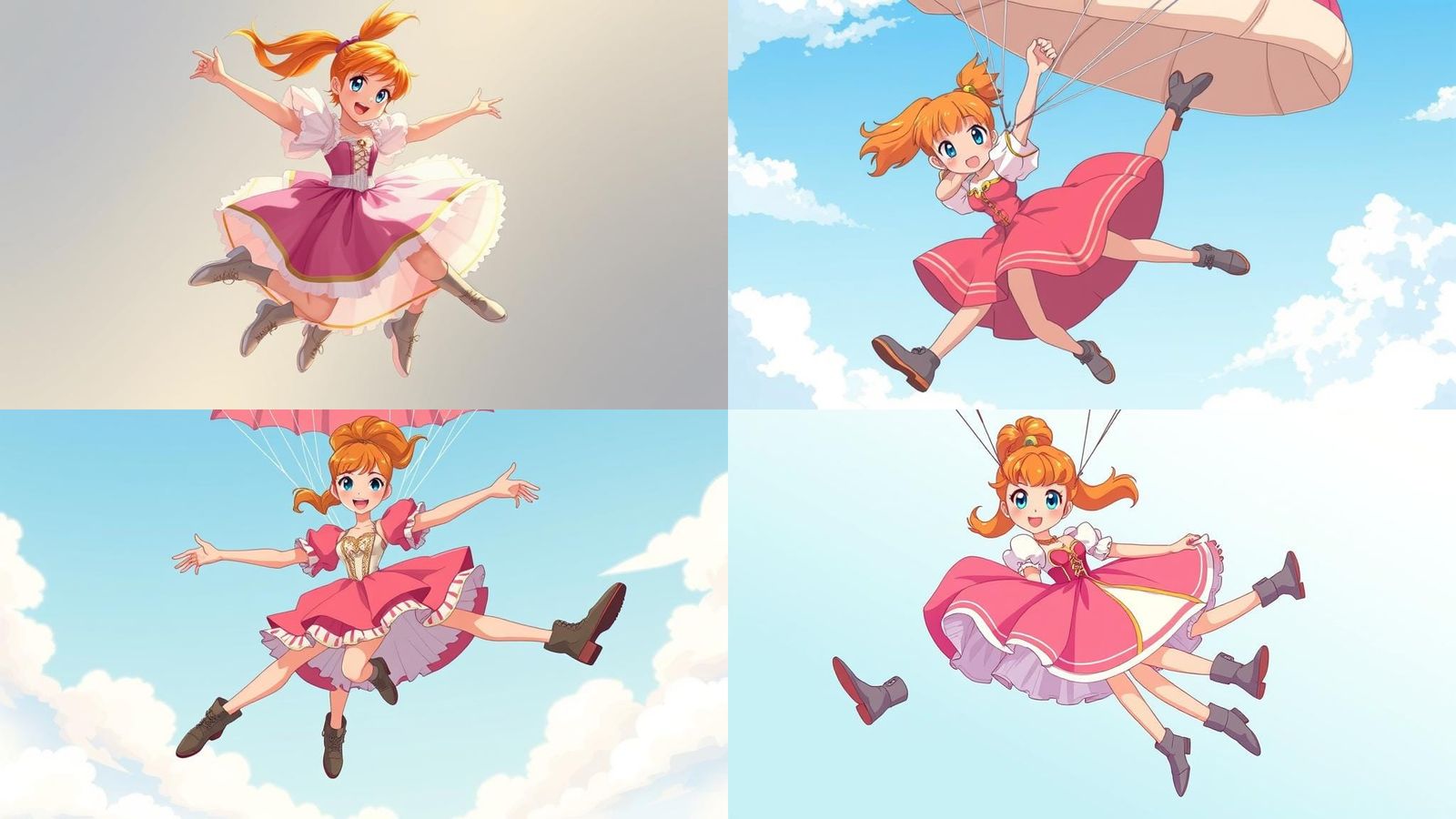 Orange-Haired Woman Parachuting in Anime Style