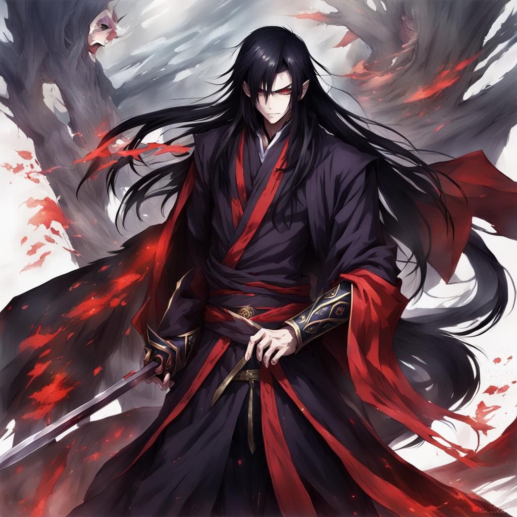 Anime Style Dark Elf with Red Eyes and Scar