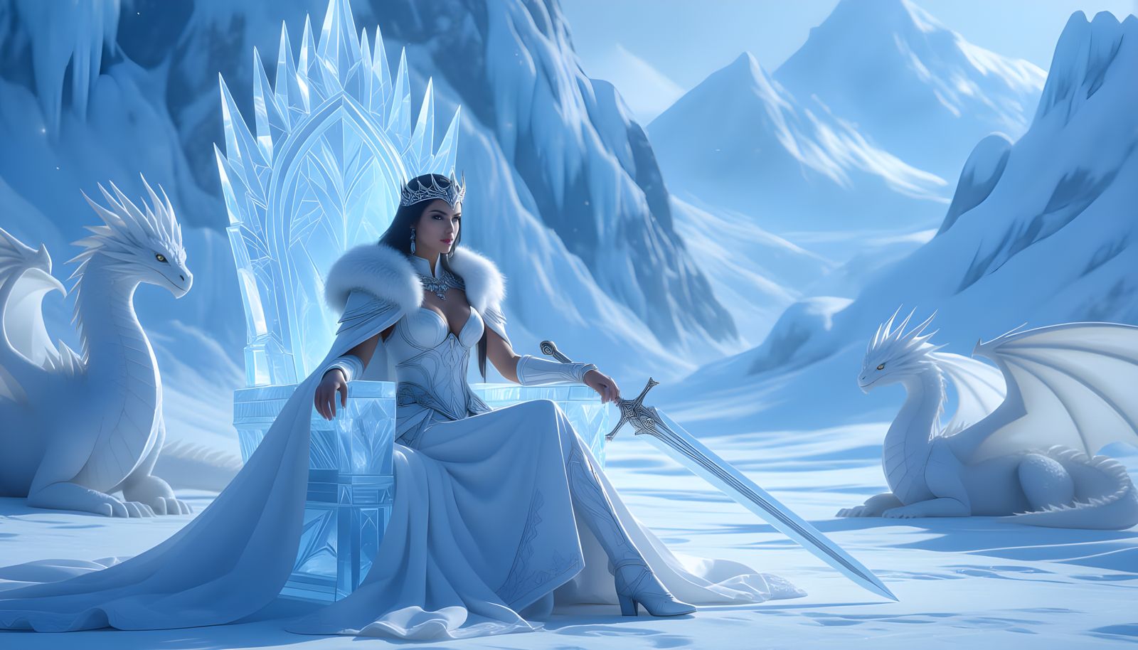 Warrior Queen on Ice Throne with White Dragons