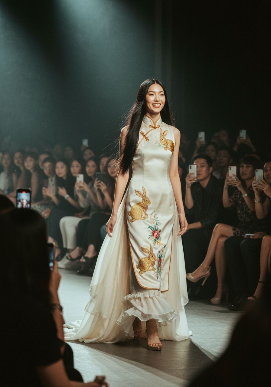 Asian Model Showcases Rabbit Motif Fashion on Runway