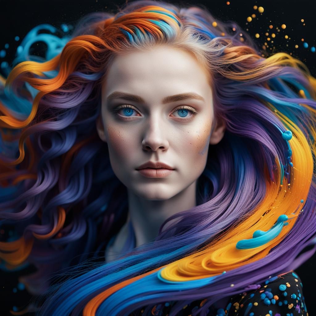 Woman with Flowing Paint Hair Digital Portrait