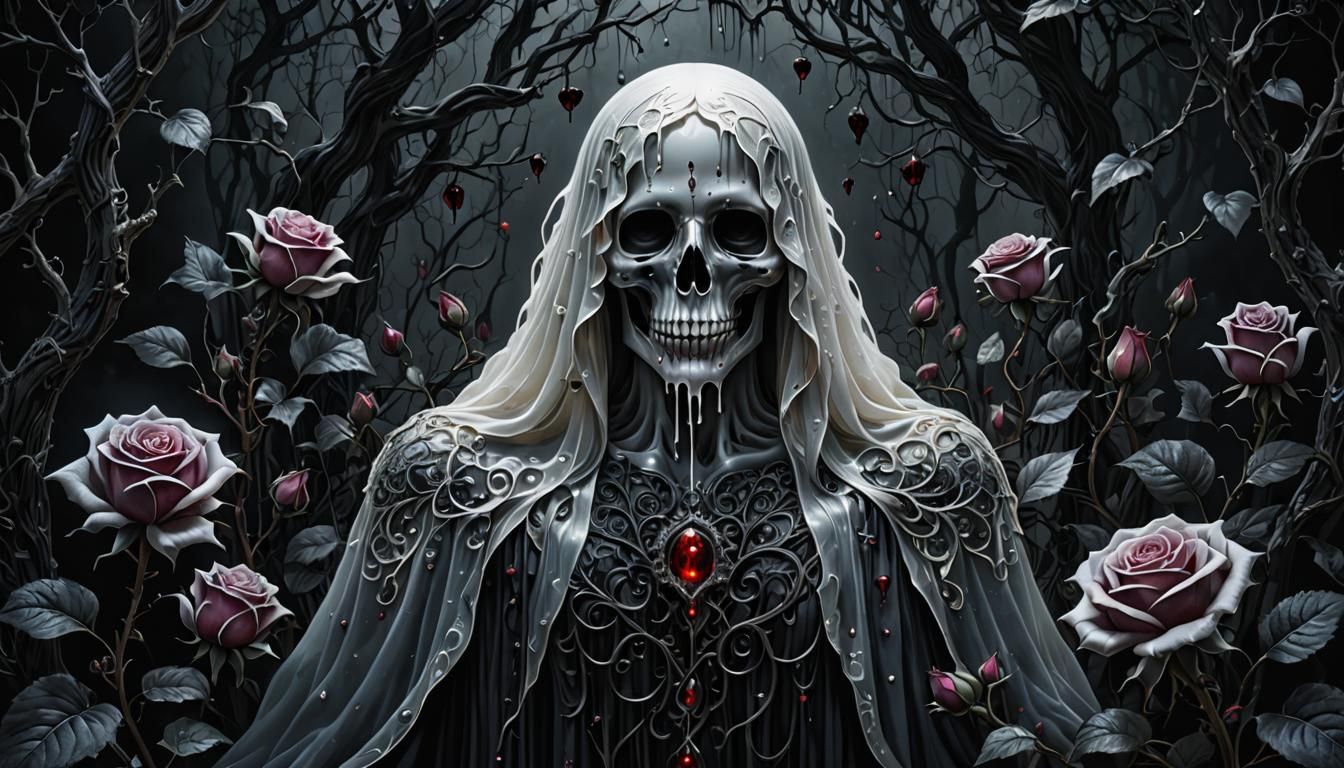 Ghost Among Black Roses in Gothic Fantasy Forest