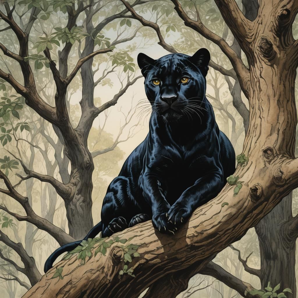 Elegant Black Panther in Tree, Comic Book Style