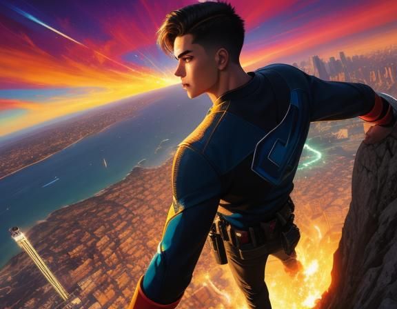 Triumphant Boy Overlooking Cityscape in Comic Book Style