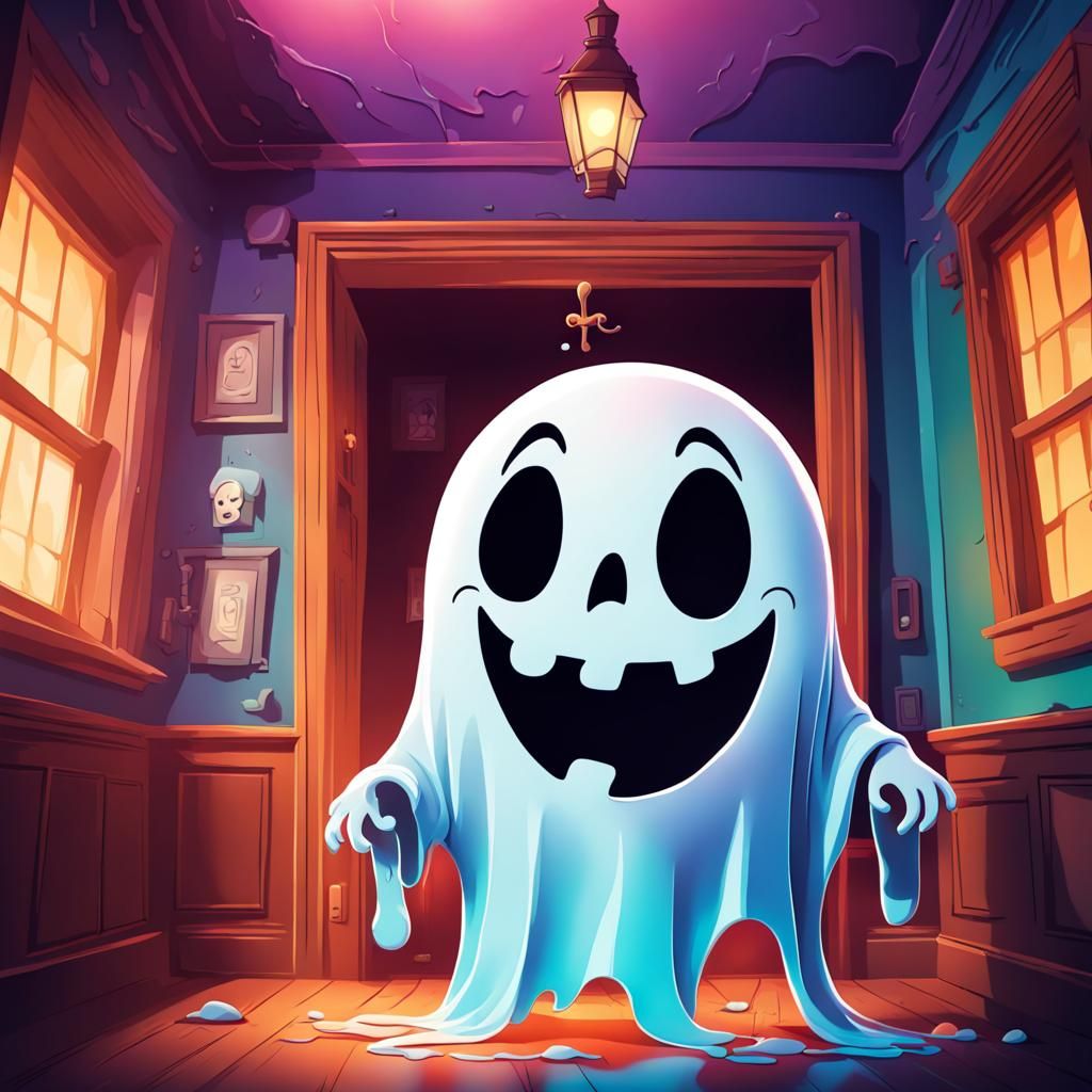 Happy Cartoon Ghost in Haunted House