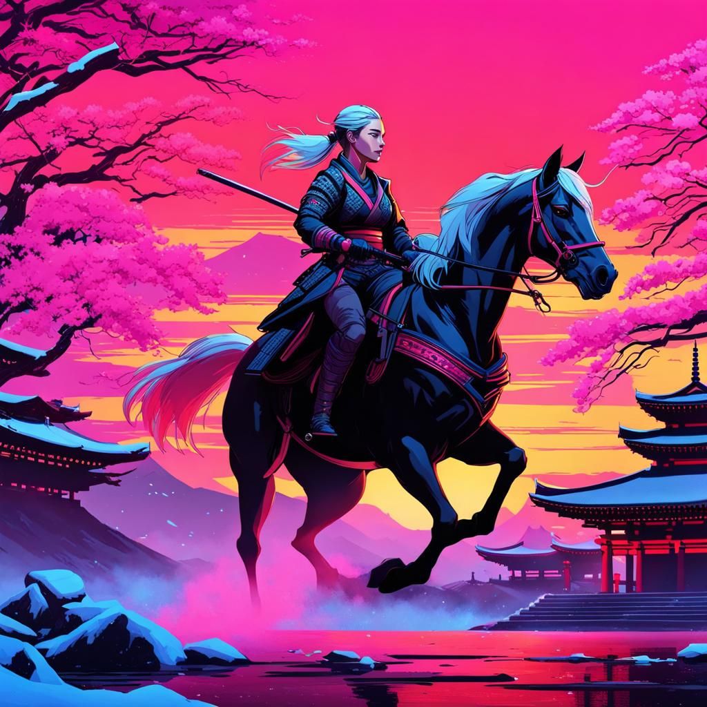 Female Samurai Horse Rider in Cyberpunk Japan