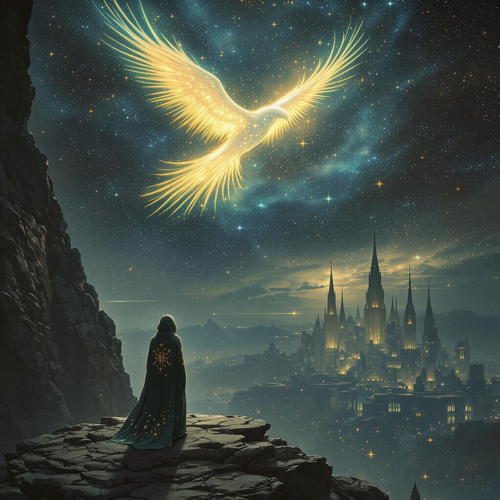 Majestic Starlit Figure Stares into the Cosmos in a Cyberpun...