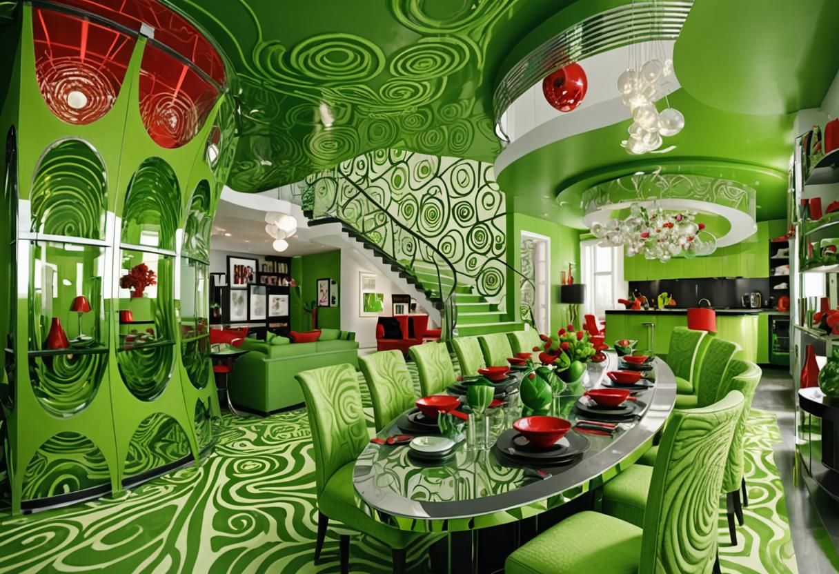 Futuristic Green Living Room with Neon Accents