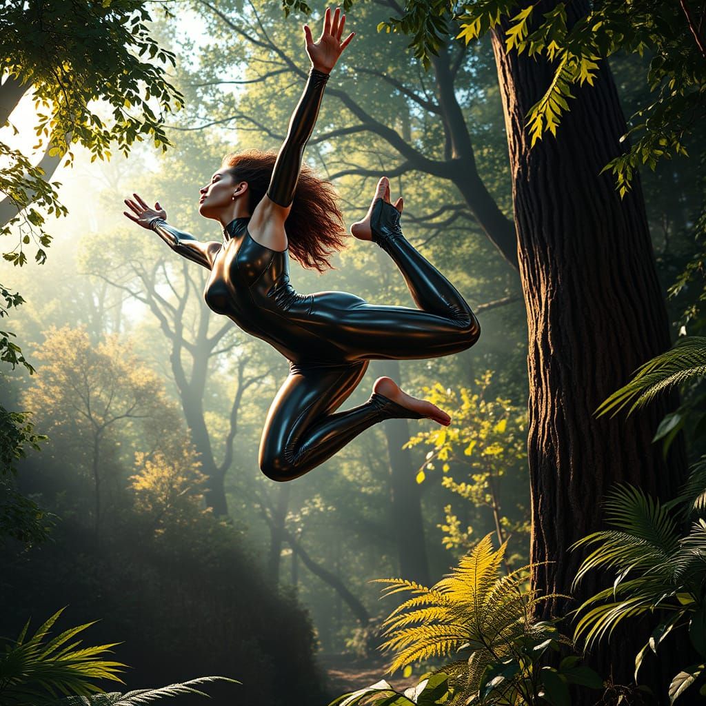 Hyperrealistic Woman in Latex Suit Performs Backflip in Vibr...