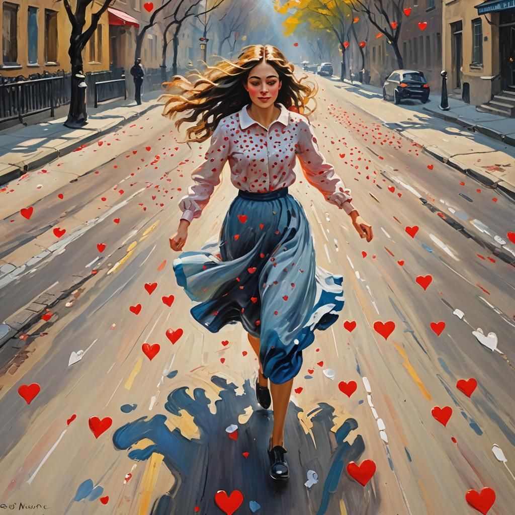 Woman Running with Hearts: Romantic Expressionist Oil Painti...