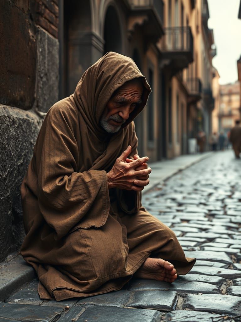 Frail Beggar in Earth-Toned Robes, Kneeling in Desperation