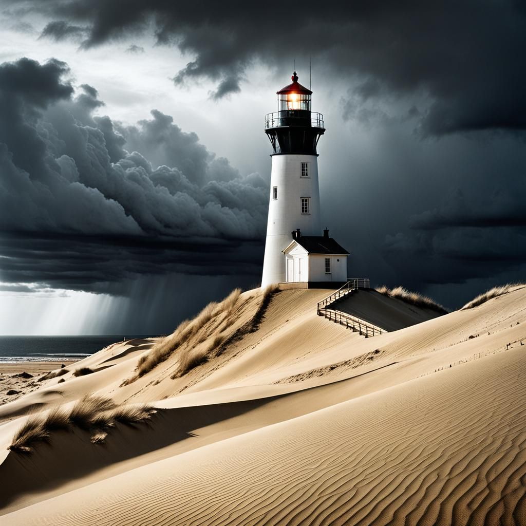 Lighthouse on Dune in Storm, Digital Art Style