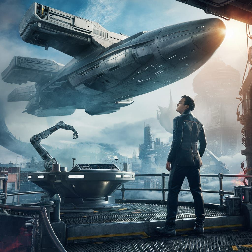 Futuristic Cityscape with Hovering Spaceship