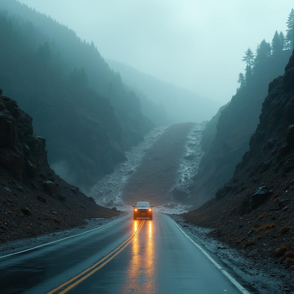 Debris Flow Blocks Highway in Misty Valley