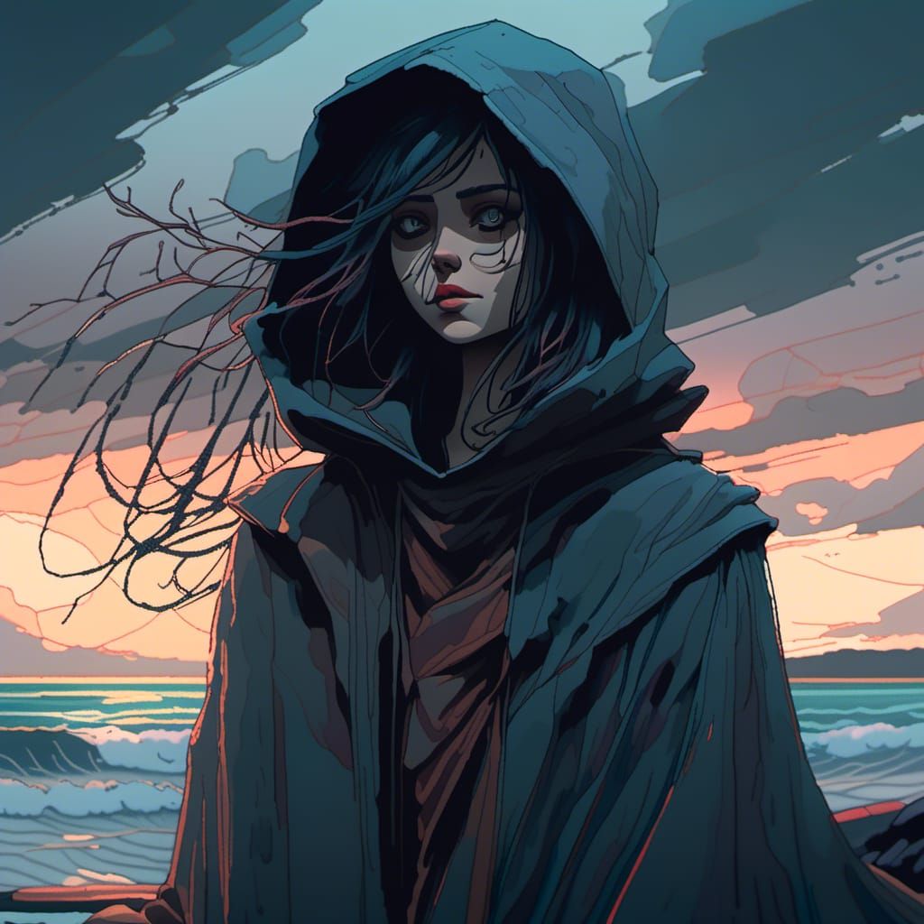 Hooded Ghost at Stormy Sunset: Watercolor Illustration