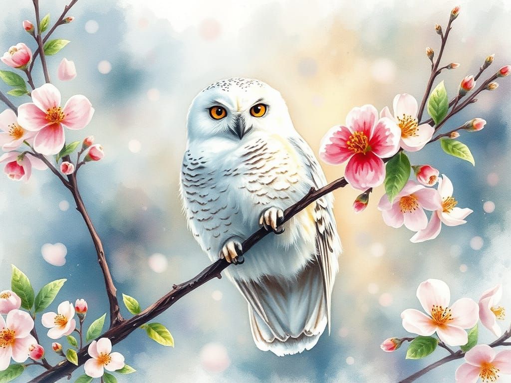 Ethereal Snow Owl Amidst Vibrant Spring Blooms in Delicate W...