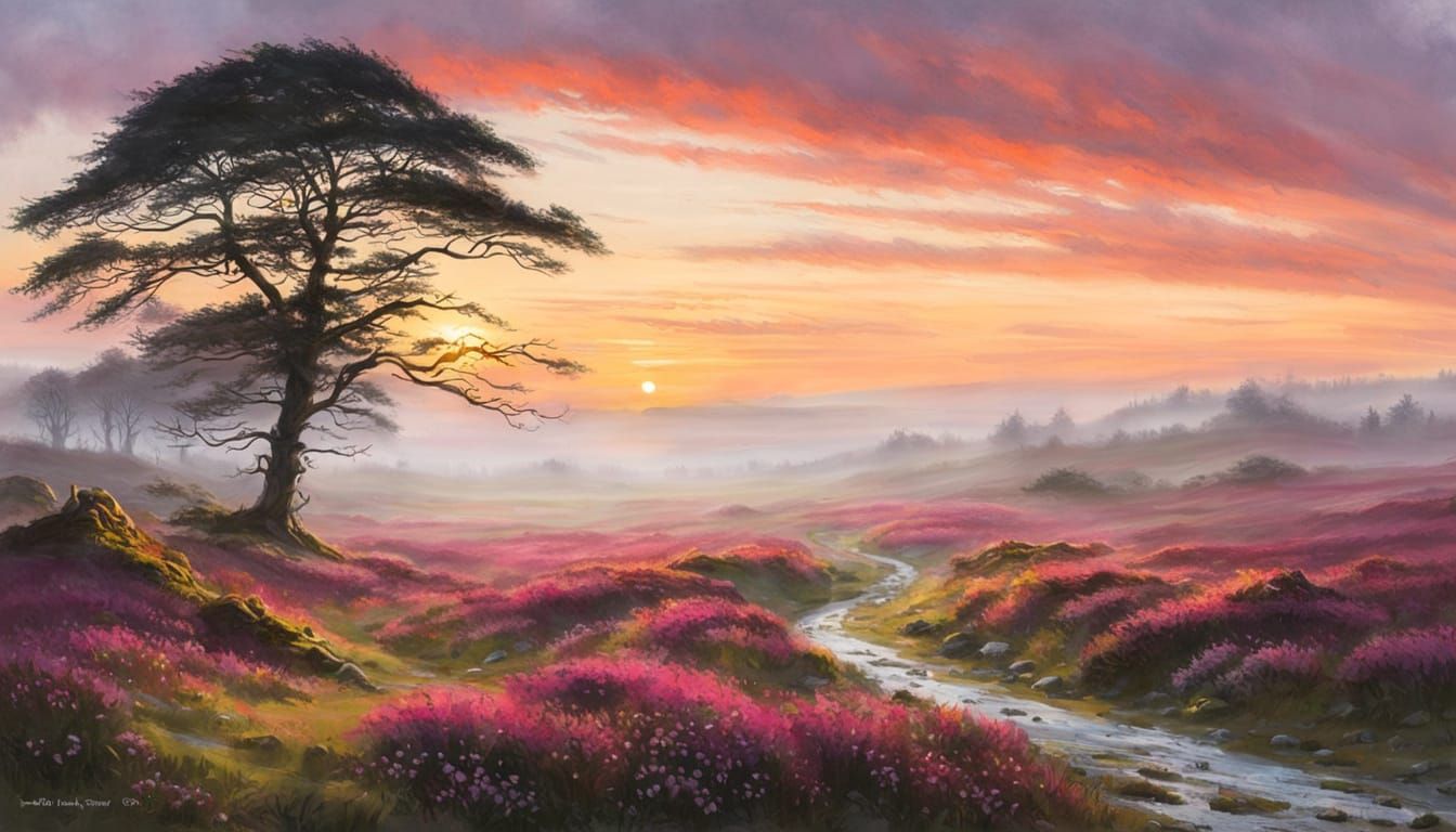 Misty Sunrise Over Heather Moor in Pastel Tones