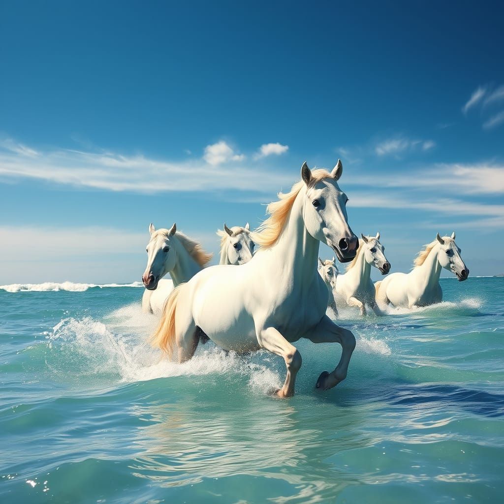Majestic White Horses in Turquoise Ocean