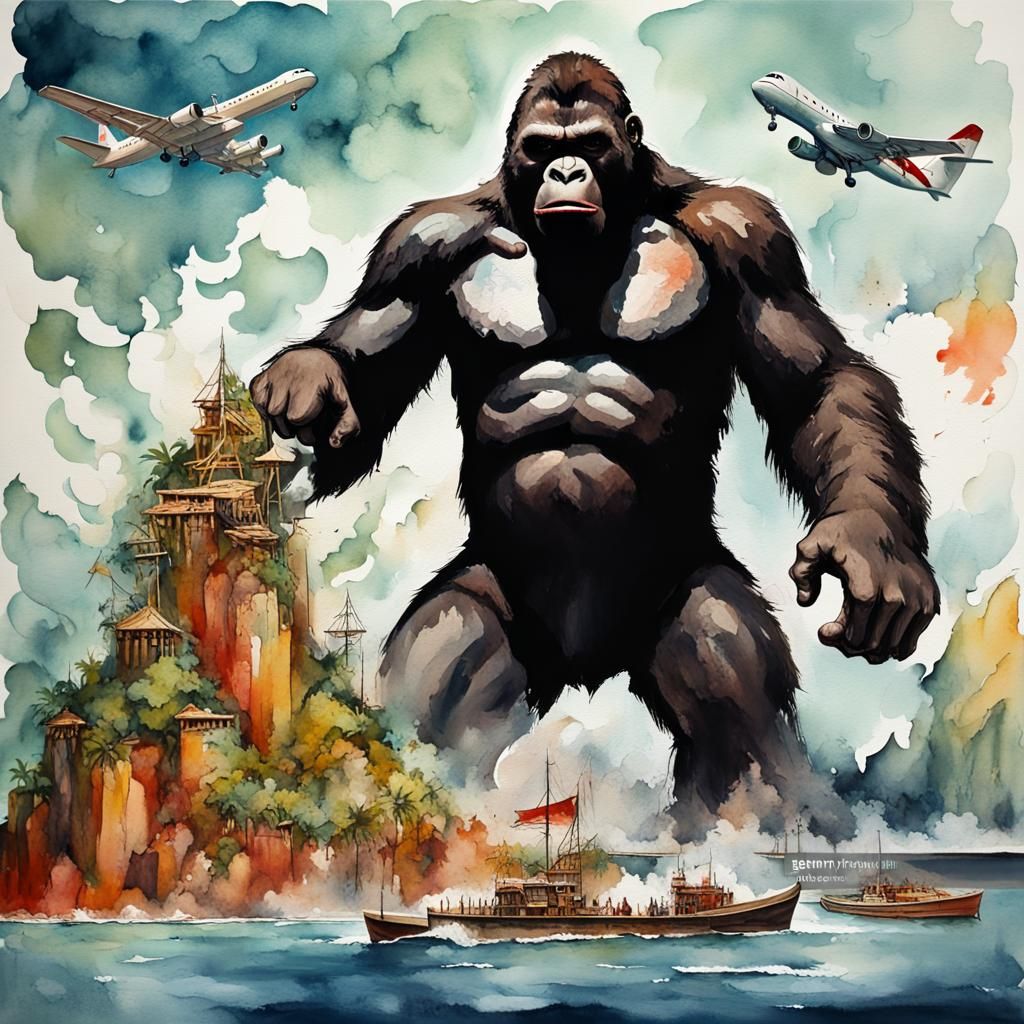 King Kong Destroys Planes in Watercolor Abstract