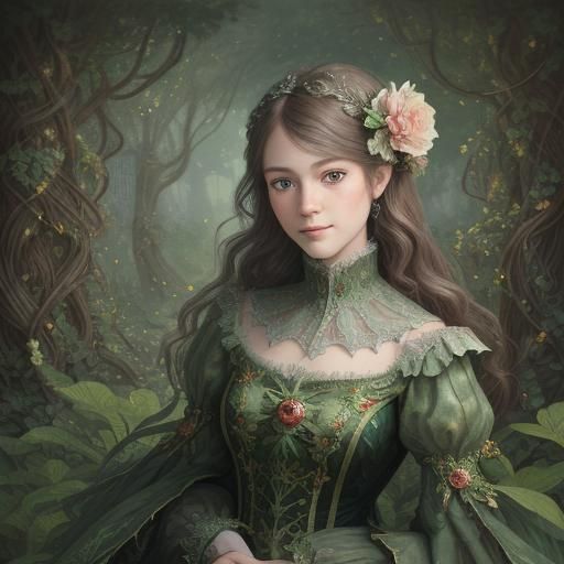 Lady in Vine Forest: 3D Render in Art Nouveau Style