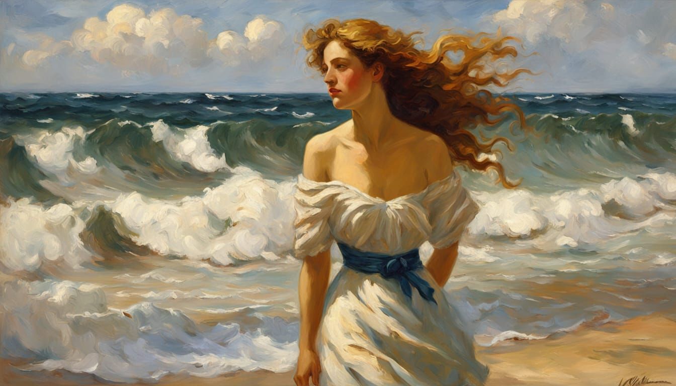 Vibrant Beachside Portrait in Impasto Oil Painting Style