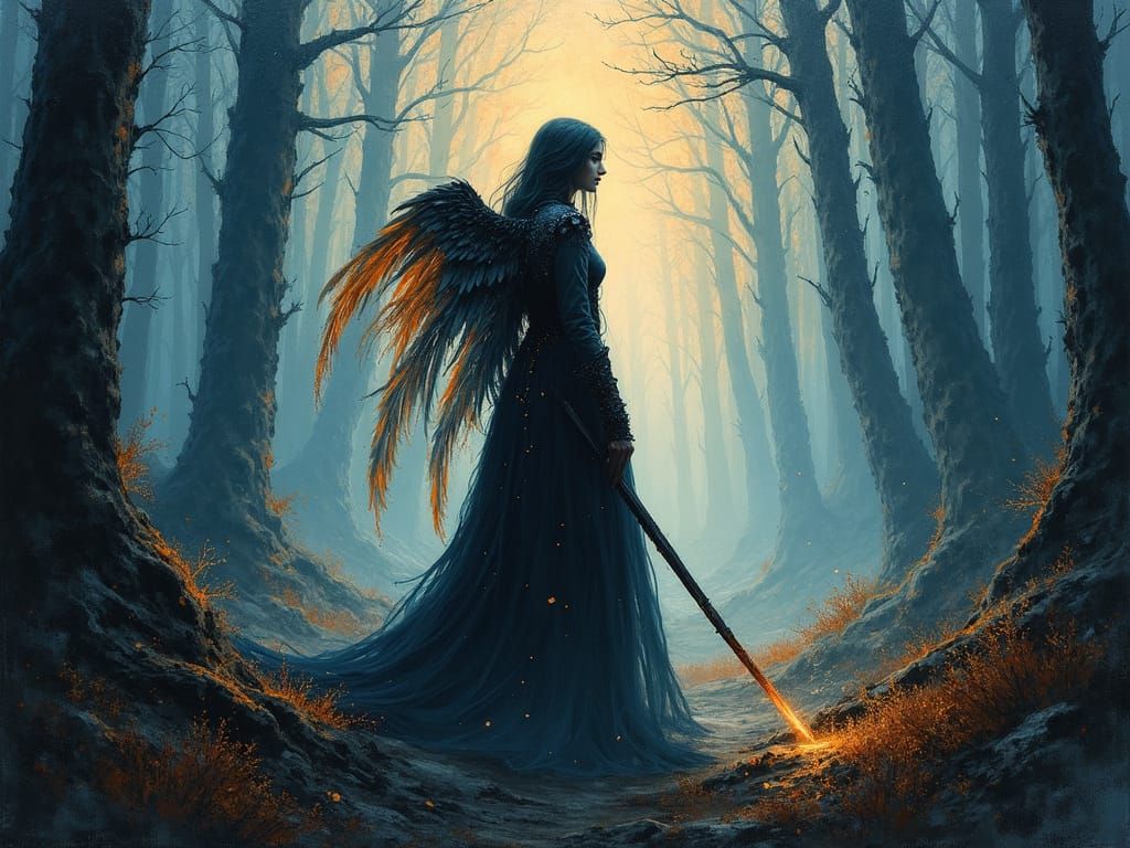 Winged Figure in Forest, Sfumato Impasto Style