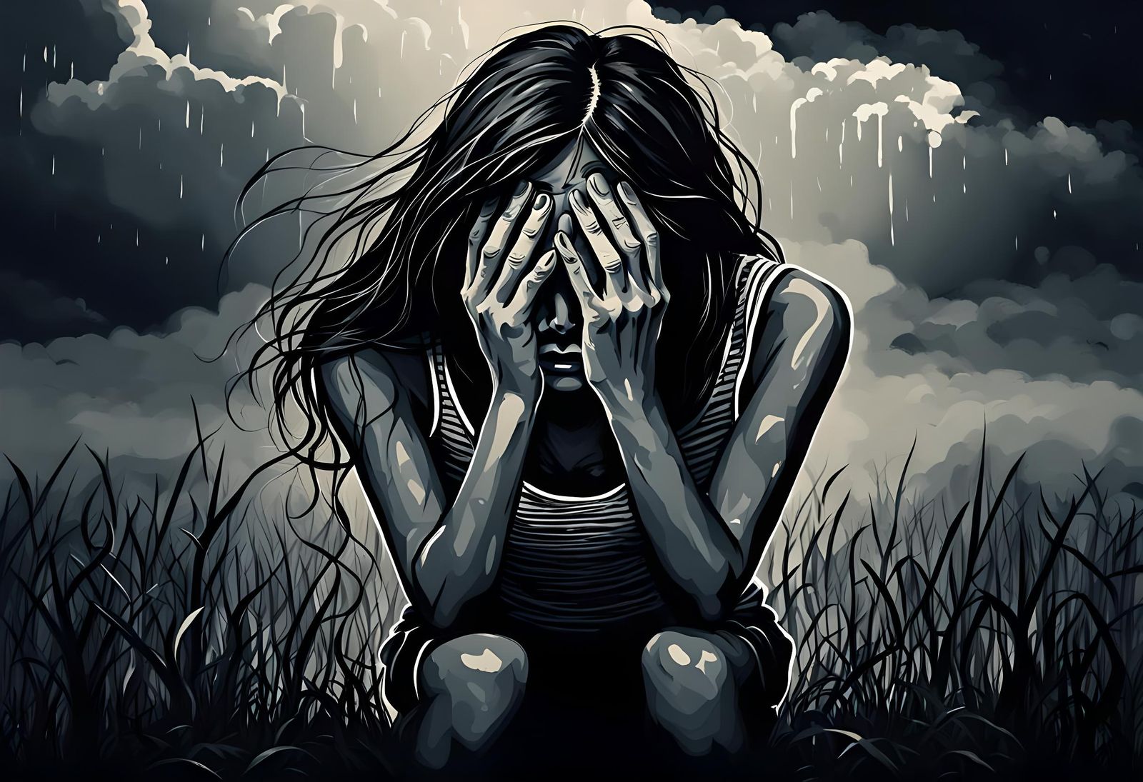 Woman Expressing Sadness and Despair in Darkness