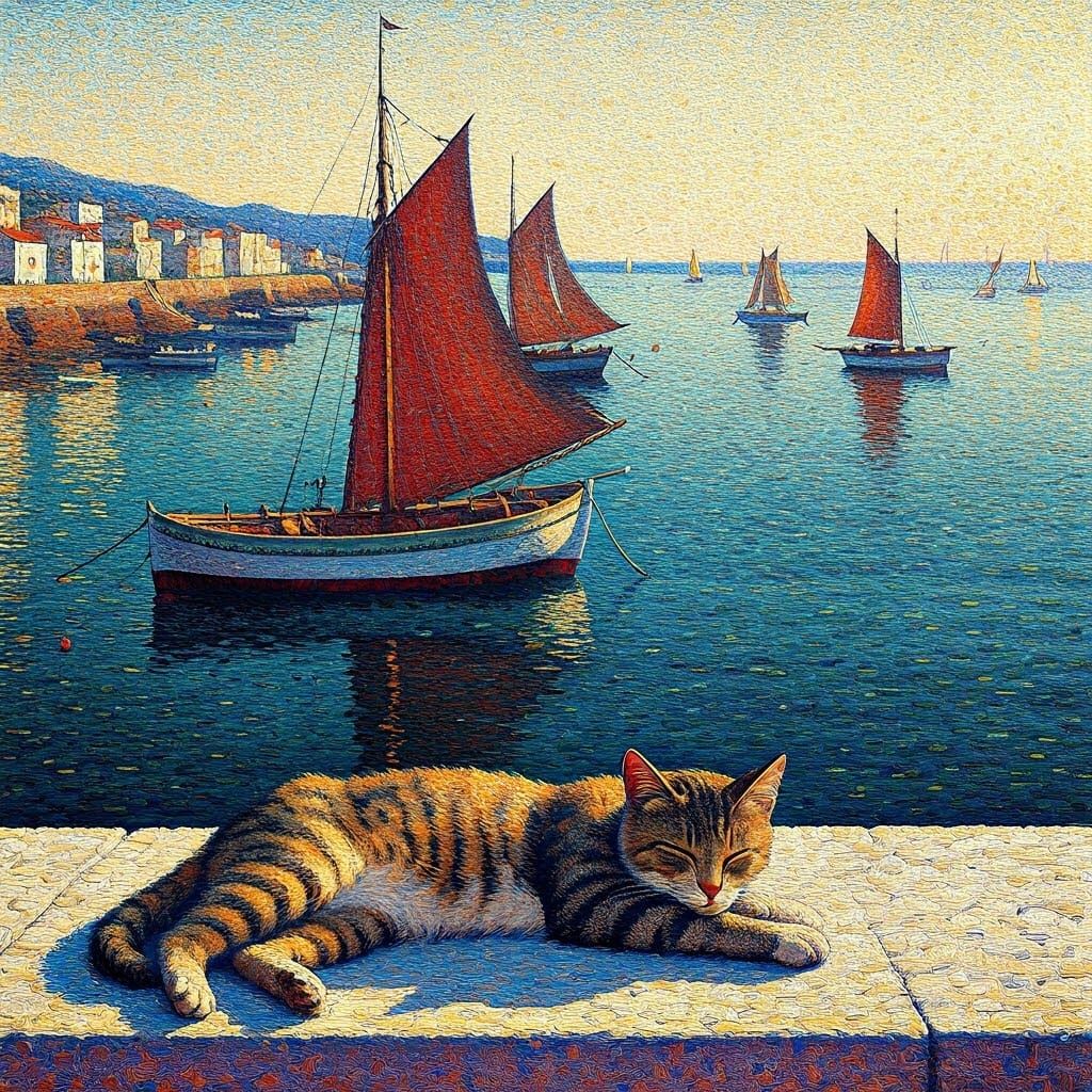 Cat Overlooking Harbour in Pointillism Style