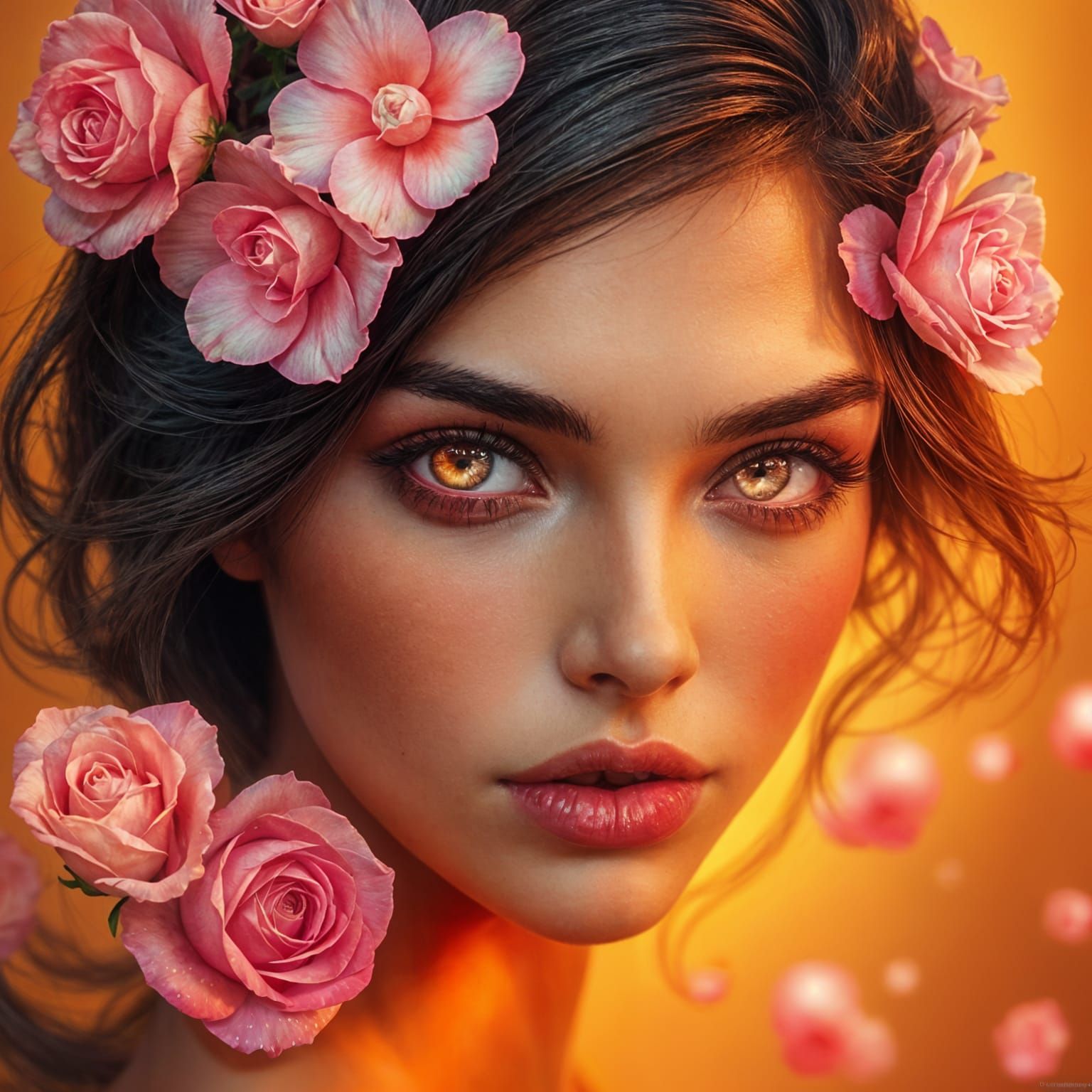 Woman with Pink Eyes and Glowing Roses, Digital Art
