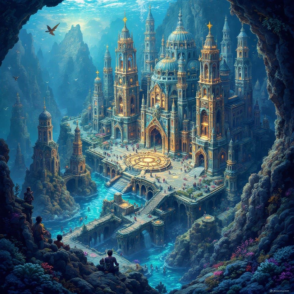 Detailed Pixel Art of an Ancient Underwater City