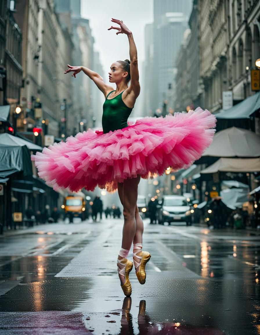 Ballerina in Lettuce Tutu on Rainy Street
