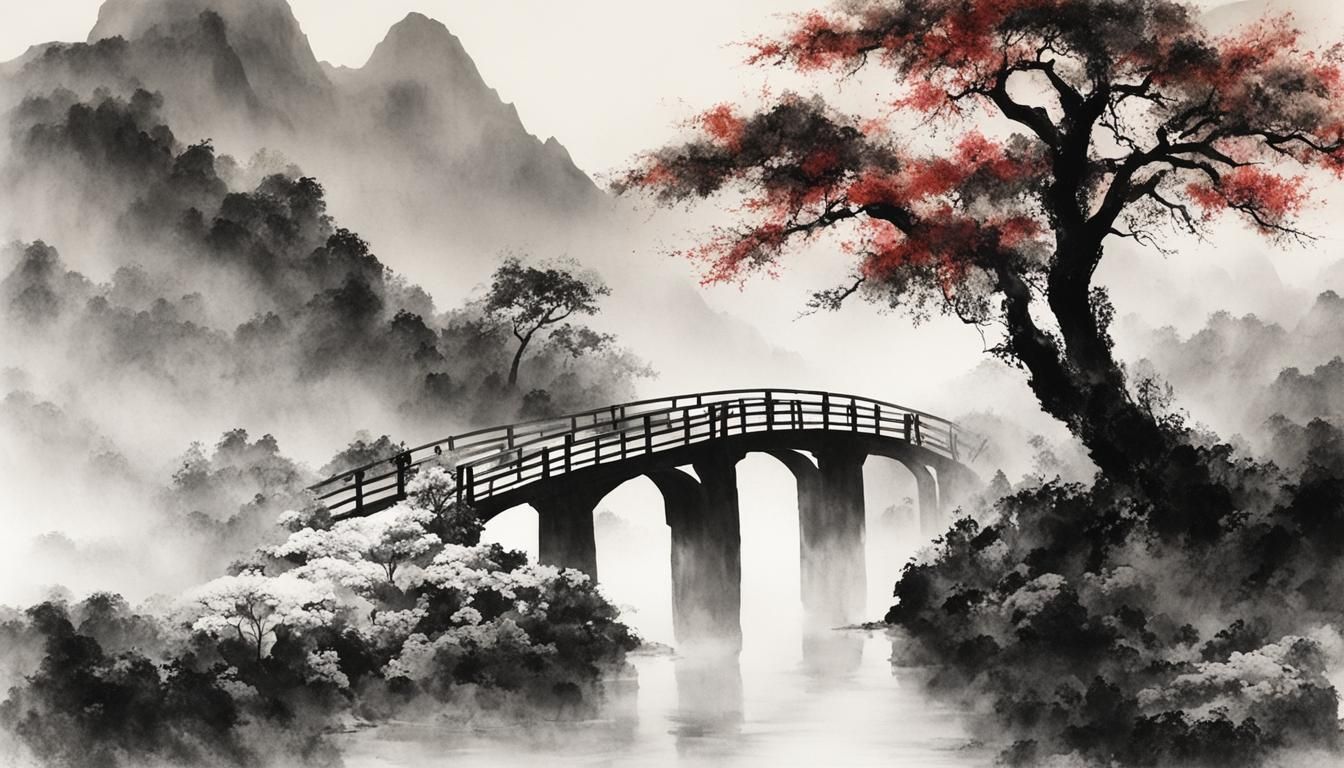 Chinese Ink Landscape with Bridge and River
