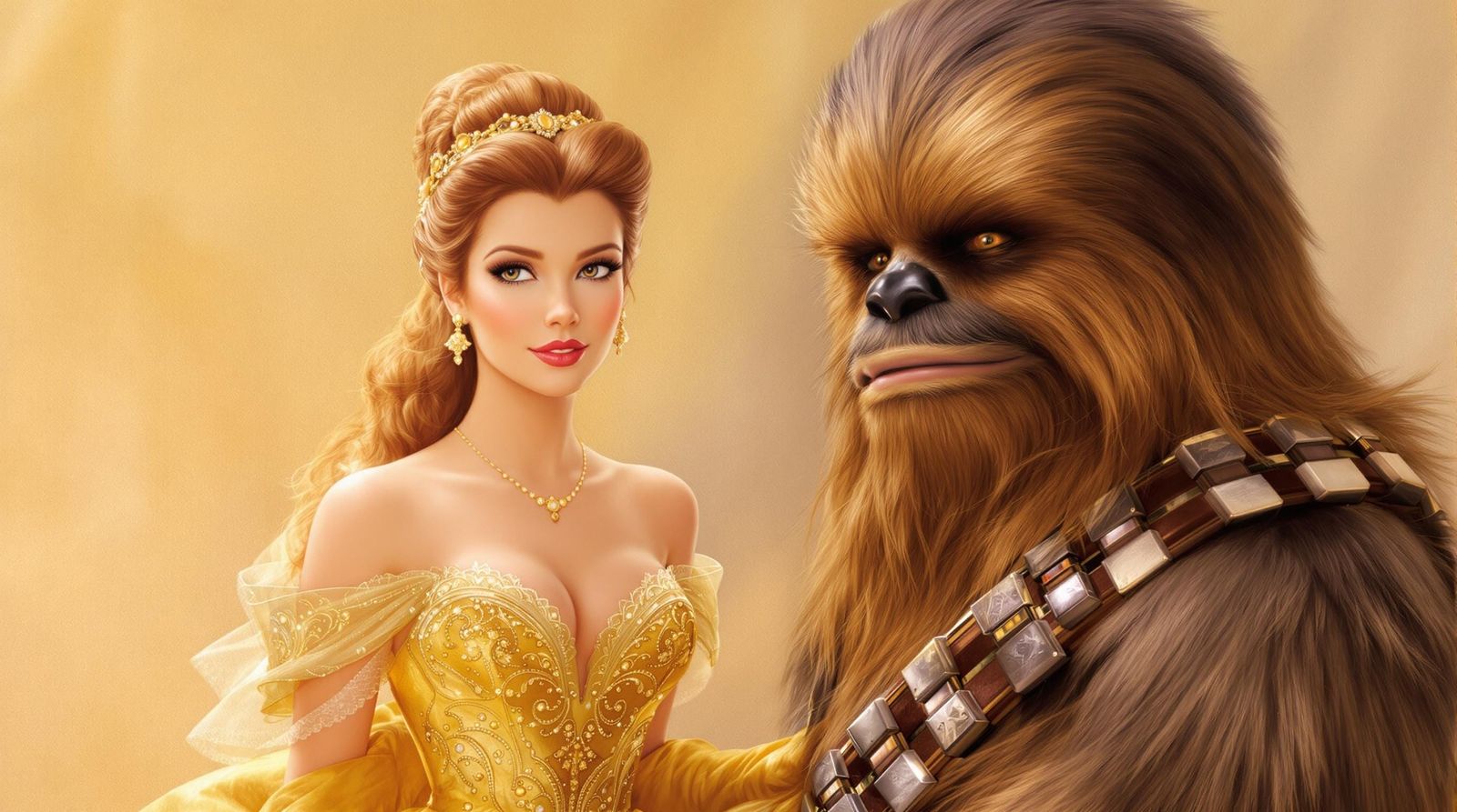 Glamorous Princess Belle with Lovable Wookiee