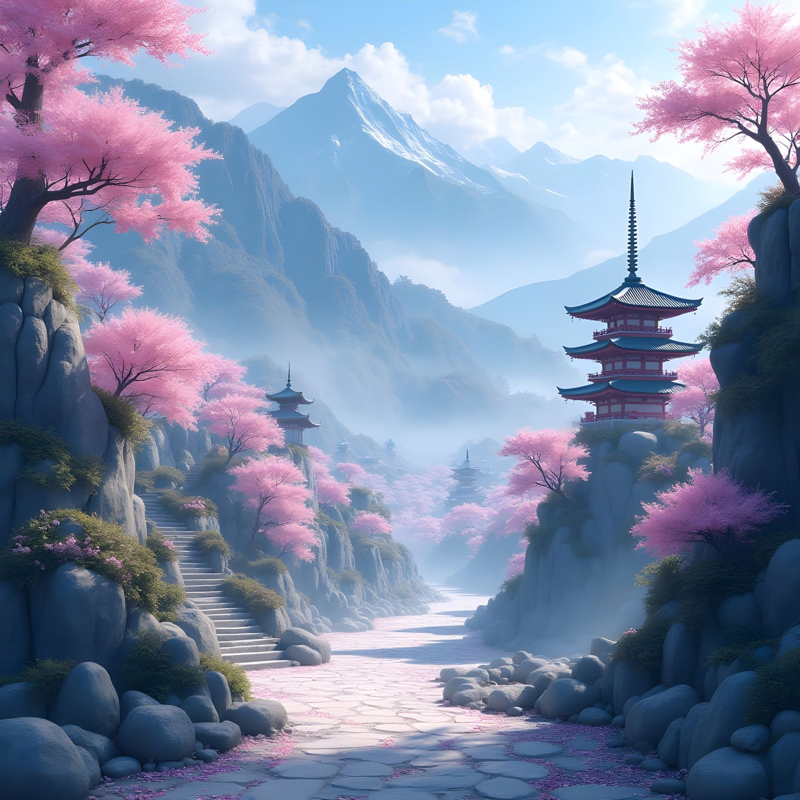 Misty Japanese Valley with Temples and Cherry Blossoms