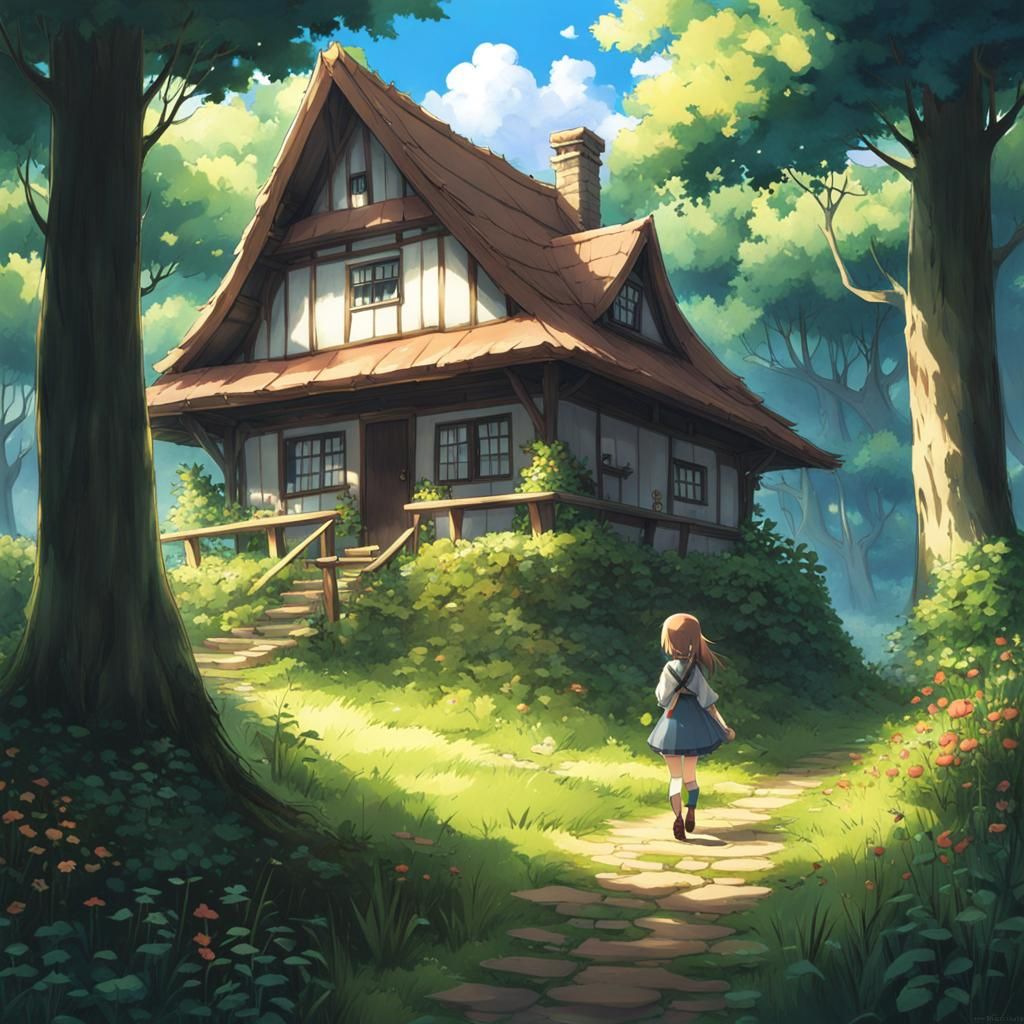 Anime Girl Emerges from Forest Cottage