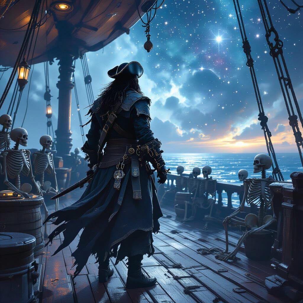 Ghostly Pirate Captain on Starry Celestial Vessel