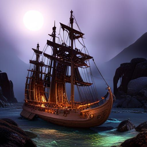 Pirate Shipwreck on Rocky Shoreline: Matte Painting