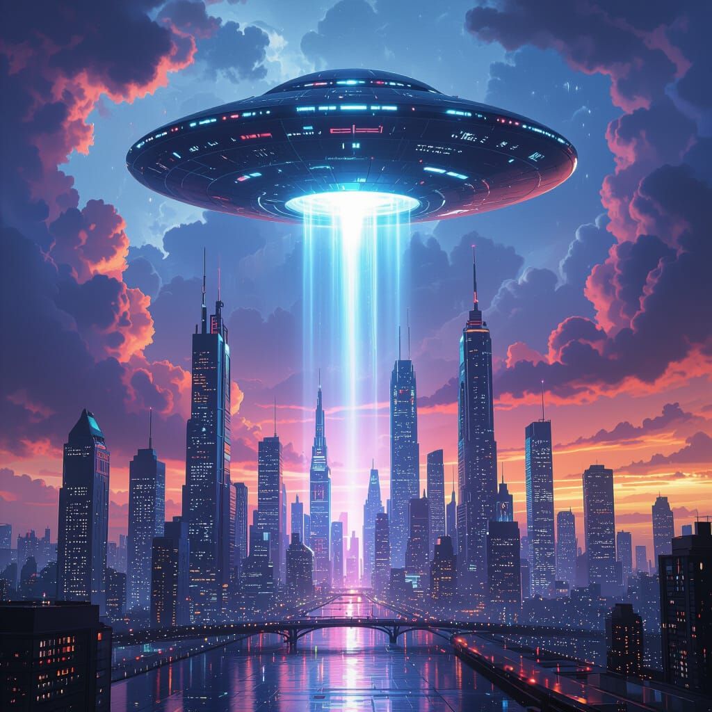 Futuristic Cityscape with UFO in Retro-Futuristic Style