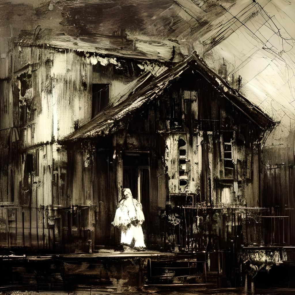 Monochrome line art. Haunted house. Fine detail. Pino Daeni, Salvador Dali