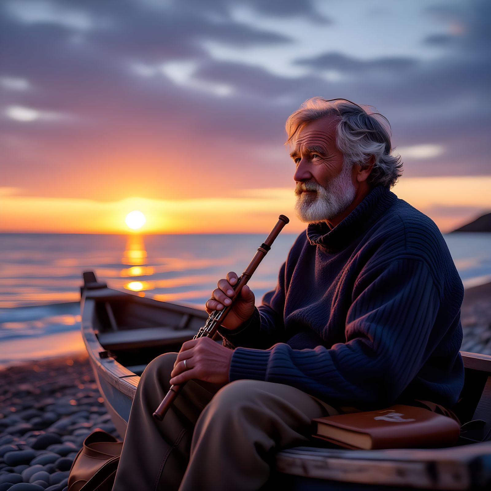 Elderly Fisherman at Sunset, Poetic Serenity