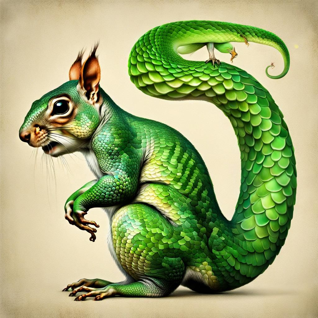 Surreal Scaled Squirrel with Snake Tail