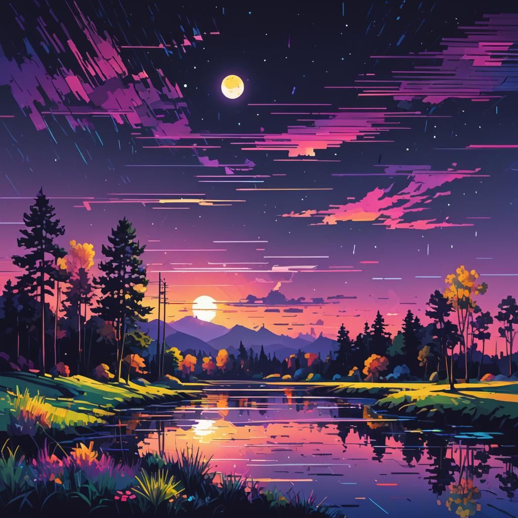Summer Night Landscape in the style of 
Glitch Art